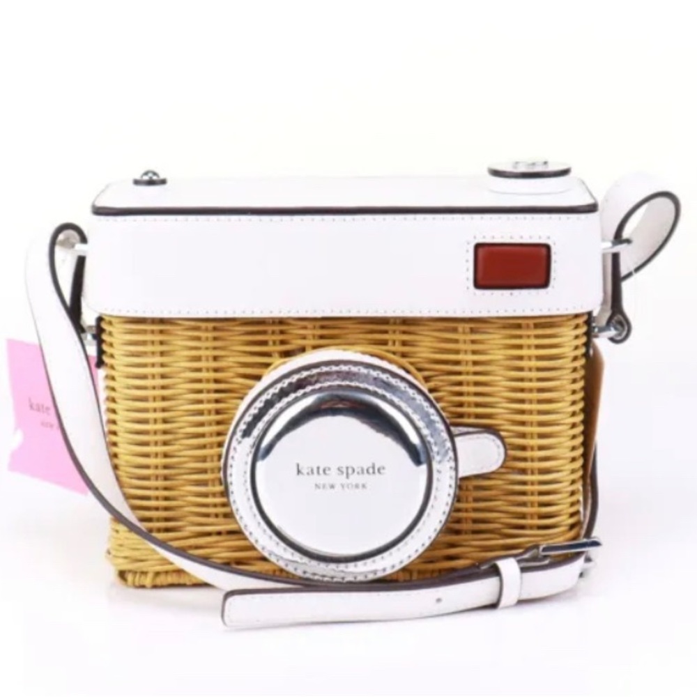 Kate Spade NY Rose 3D White Wicker Camera  Crossbody  Bag